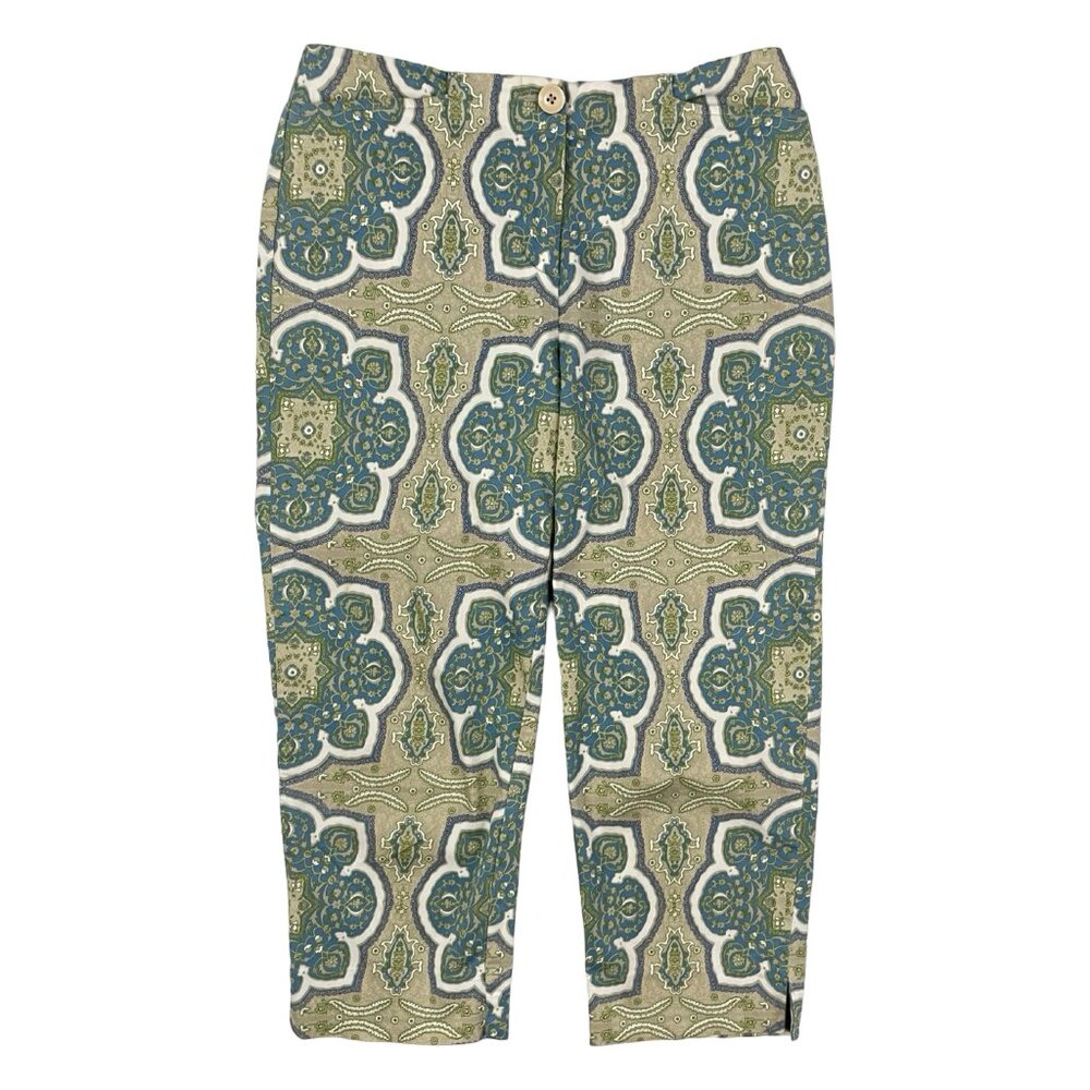 Vintage Women's print pants Y2K Blue Tan Abstract Cotton Crop Summer Size Medium